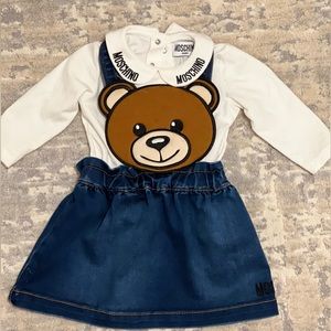 MOSCHINO TEDDY BEAR T-SHIRT AND DUNGAREE SKIRT CO-ORD SET